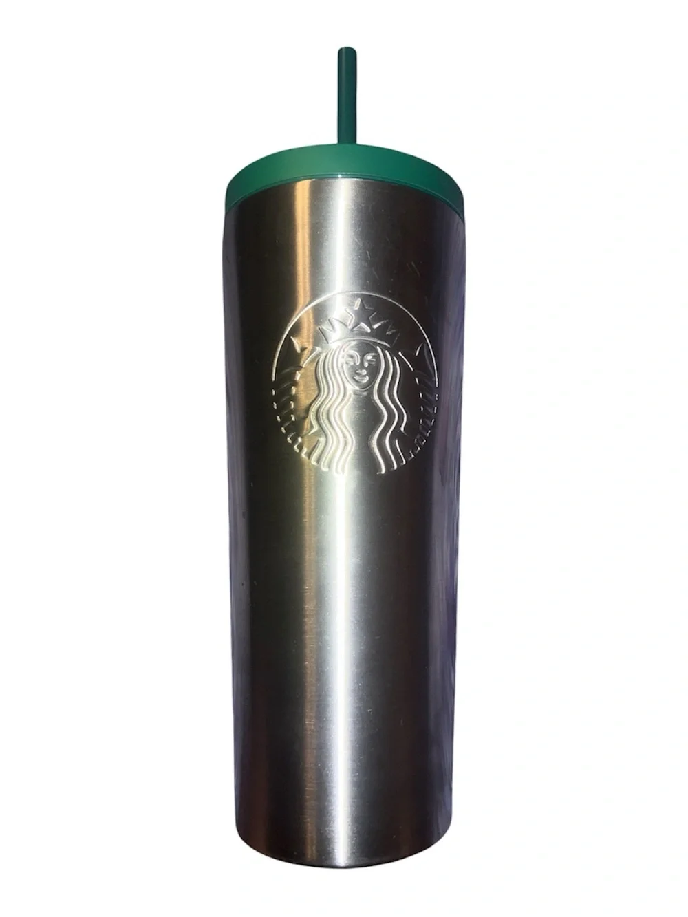 Starbucks Silver Stainless Steel Tumbler with Green Lid and Straw
